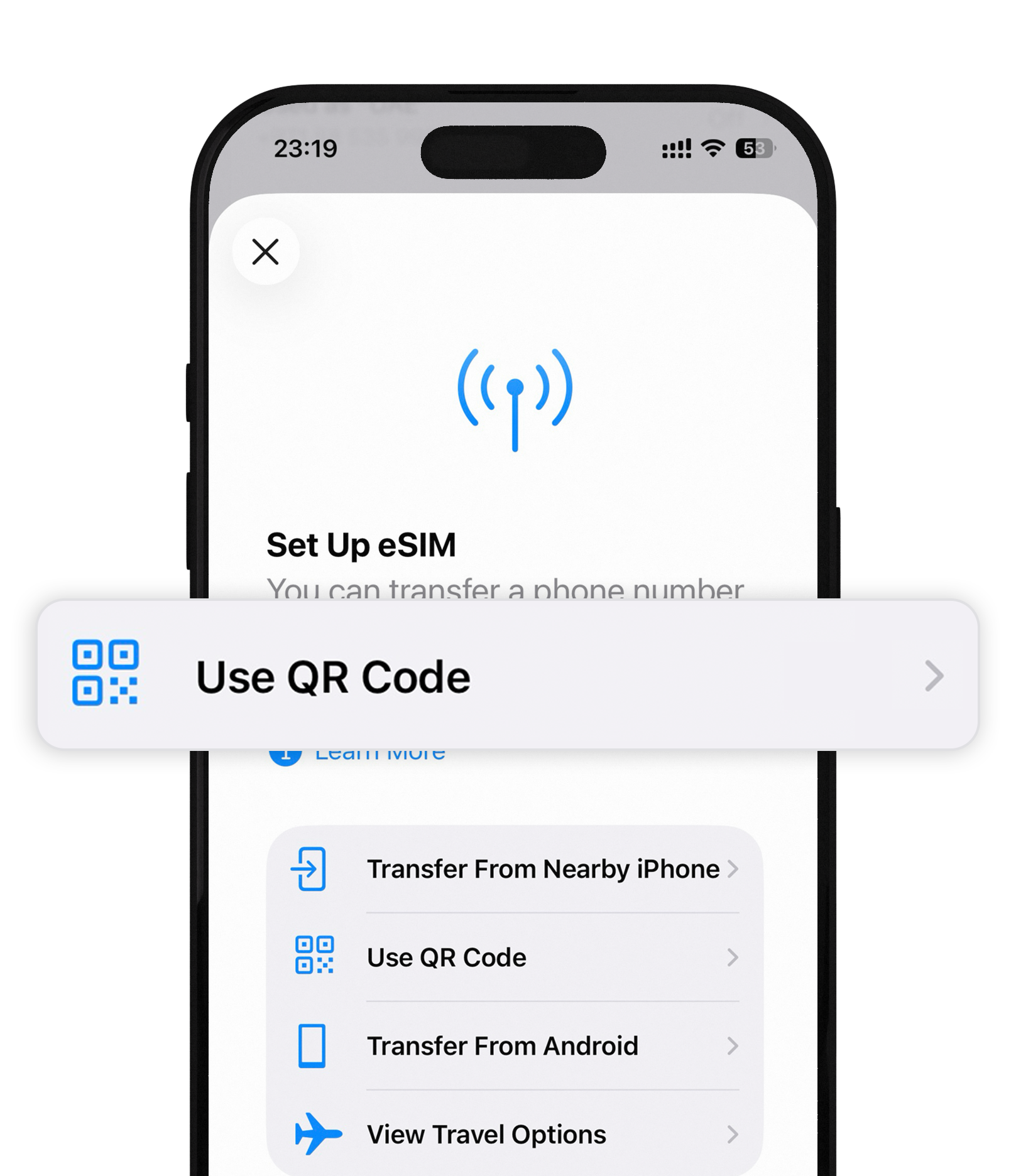 iPhone Set Up eSIM screen with Use QR Code highlighted