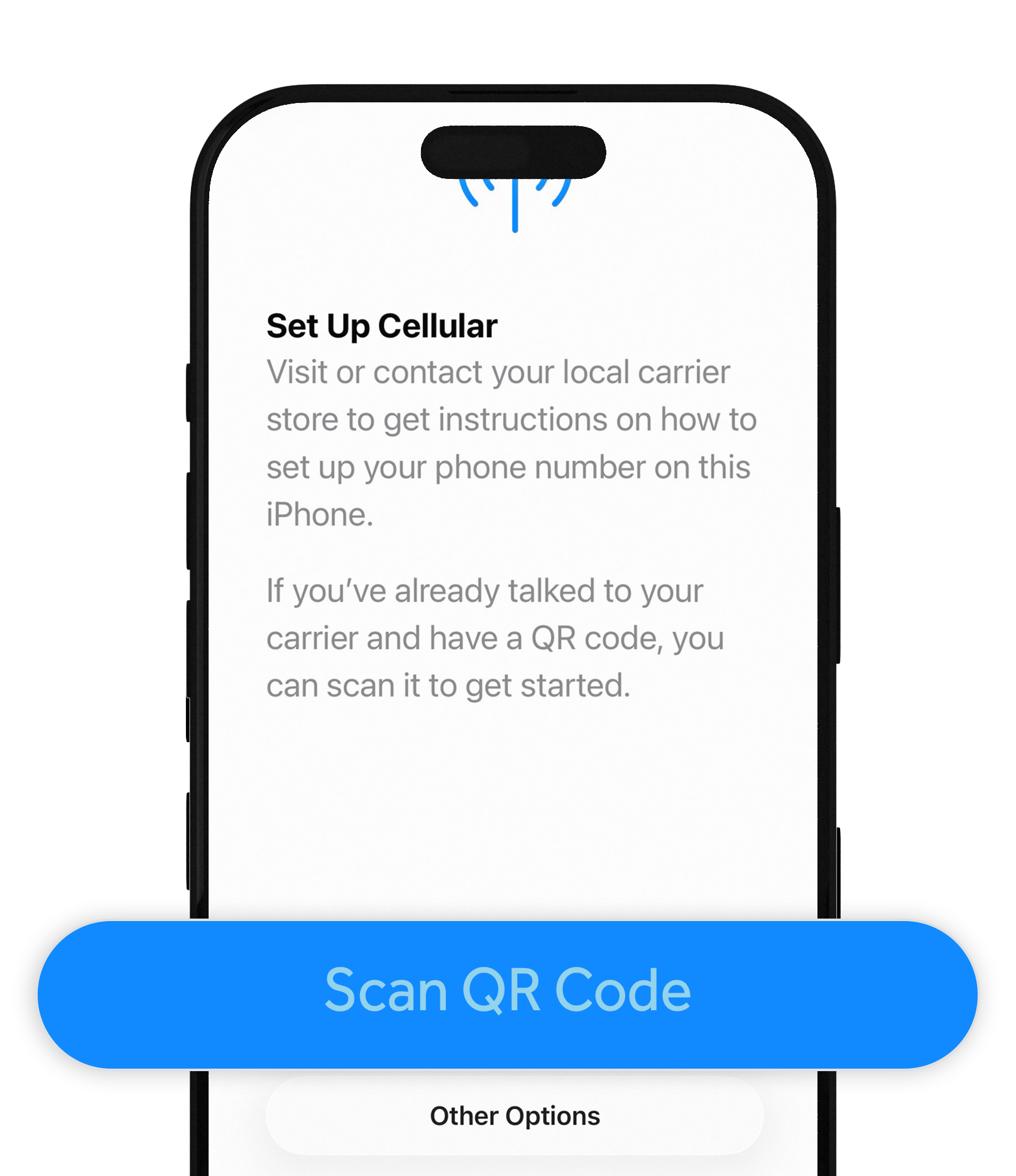 iPhone Set Up Cellular screen with Scan QR Code button
